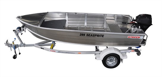 Angled view of the 399 Seasprite car topper boat, showcasing its durable open aluminium boats design